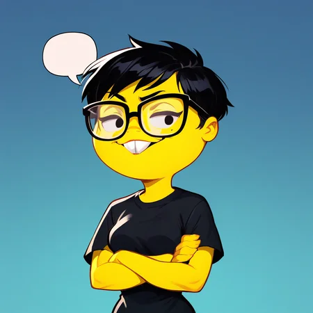 score_8_up, BREAK, NerdEmoji, 1girl, solo, black hair, short hair, buck teeth, yellow skin, glasses, black shirt, crossed arms, speech bubble, cowboy shot,  <lora:NerdEmoji_PXL_Leaf1:1>, blue gradient background, smirk,