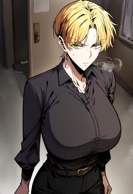 score_9, score_8_up, score_7_up, score_6_up, source_anime, rating_explicit, <lora:neg4all_bdsqlsz_V3.5:2.0>1girl, (solo:1.2), huge breasts, <lora:Eve Rockefellerponyxl:1> blonde hair, green eyes, short hair, parted bangs, earrings, collared shirt, black shirt, black pants, belt, expressionless, Narrow shoulders, sweat, heavy breathing, steaming body, office, hallway, indoor, walking, looking at viewer