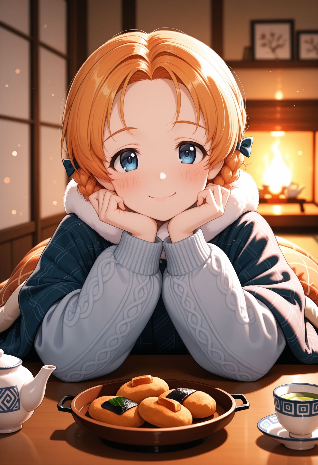 masterpiece,best quality,absurdres,highres,very aesthetic,high quality,detailed,insanely detailed,beautiful,perfect lighting, ,depth of field,blurry background,bokeh, looking at viewer,
 <lora:Orange Pekoe illu:1> 1girl, braid, short hair, orange hair, blue eyes, parted bangs, twin braids, hair bow, winter clothes, tea, kotatsu, low table, small japanese teapot, green tea, senbei, smile, blush, looking at viewer