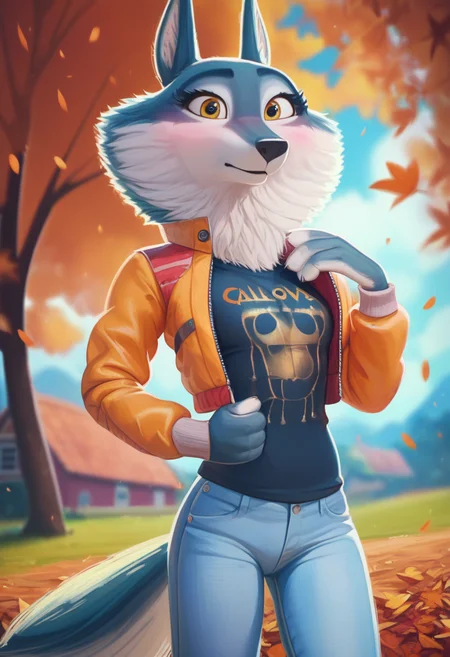 zPDXL, score_9,score_8_up,score_7_up,_up,source_cartoon, best quality, amazing quality, masterpiece, 1girl, looking at viewer, solo, fullbody, cute, blush, porsha, <lora:Porsha:0.8>, animal ears, yellow eyes, white fur, wolf girl, wolf ears, wolf tail, jeans, black shirt, lather jacket, orange sky, forest, autumn, contour_deepening,depth of field, huge filesize,wallpaper,background,(flat color),medium breasts, blurry background, pixelsketcher, <lora:pixelsketcher:1>