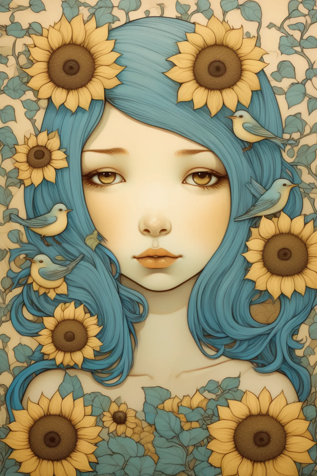 <lora:Audrey Kawasaki Style:1>Audrey Kawasaki Style - young girl sunflowers blue birds in the style of audrey kawasaki