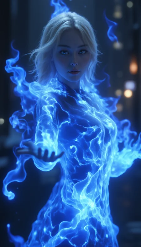 <lora:FL-bailing-24-0906Fire Spirit-000008:0.7>,bailing_fire,composed of fire elements,fire element,girl made of blue flames,Fire Skin,surrounded by blue flames.,
blue fire,blue flame,the person in the image is a young woman with long blonde hair and striking blue eyes.,
she is standing in a dark room with a cityscape blurred in the background. the woman is surrounded by a bright blue aura that seems to be emanating from her body.,
her arms are outstretched and she appears to be in the midst of a fire powerful display of energy,