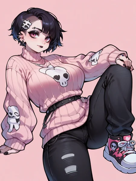 score_9, score_8_up, score_7_up, score_6_up, <lora:m1n0XLP:0.8> m1n0, 1girl, curvy, pink background, goth, pants, sweater