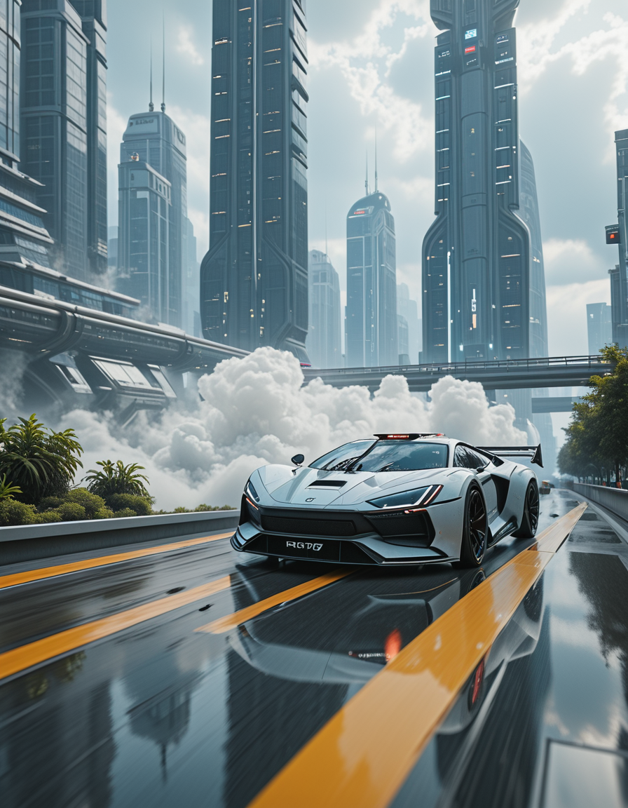 <lora:City_Worlds_01_Effects_illc:1> photo, citybkg, cyberpunk, ambiance, day, clouds, space, tiny spaceships in the sky, detailed, elevated highway, design buildings, futuristic, ground side view, high buildings, illuminated, city lights, highway markings, reflections, cyberpunk racecar rear, traffic, mist, motion blur, smoke, speed, wet, rain, small planets in the sky, phot21, epic, car focus, haze in the far background, dense moving fog on sideways, light effects, vegetation,