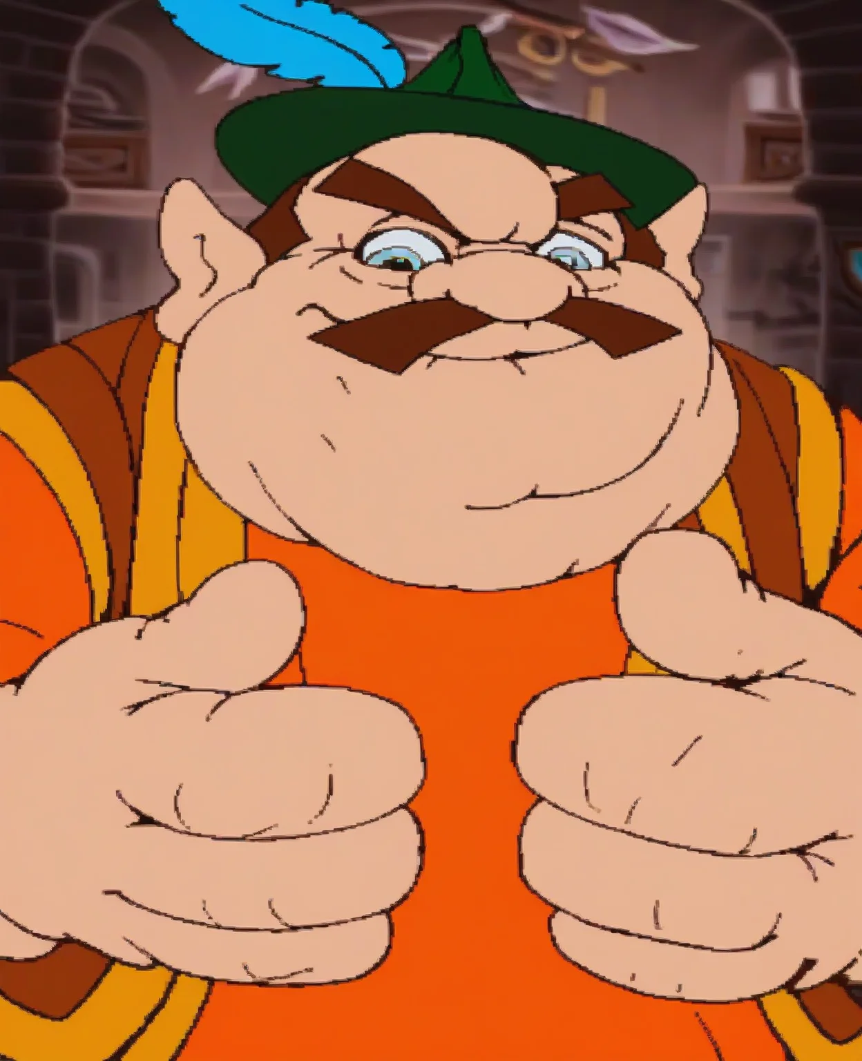 score_9, score_8_up, score_7_up, score_6_up, score_5_up, score_4_up, source_cartoon, indoors, 2D, flat shading, flat color, jaggy lines, solo, 1boy, mustache, male focus, solo, facial hair, brown hair, hat, smile, looking at viewer, shirt, vest, green headwear, indoors, long sleeves, fat, orange shirt, thick eyebrows, upper body, fat man, short hair, pointy ears, brown jacket, feathers, hat feather, morshu, grey eyes, green hat, orange clothing
 <lora:cdi_pdxl_:1>