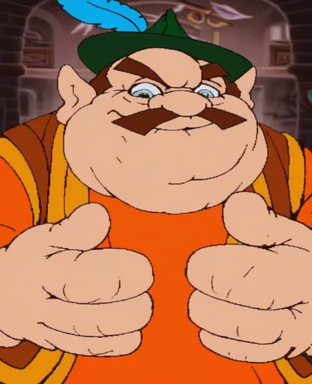 score_9, score_8_up, score_7_up, score_6_up, score_5_up, score_4_up, source_cartoon, indoors, 2D, flat shading, flat color, jaggy lines, solo, 1boy, mustache, male focus, solo, facial hair, brown hair, hat, smile, looking at viewer, shirt, vest, green headwear, indoors, long sleeves, fat, orange shirt, thick eyebrows, upper body, fat man, short hair, pointy ears, brown jacket, feathers, hat feather, morshu, grey eyes, green hat, orange clothing
 <lora:cdi_pdxl_:1>