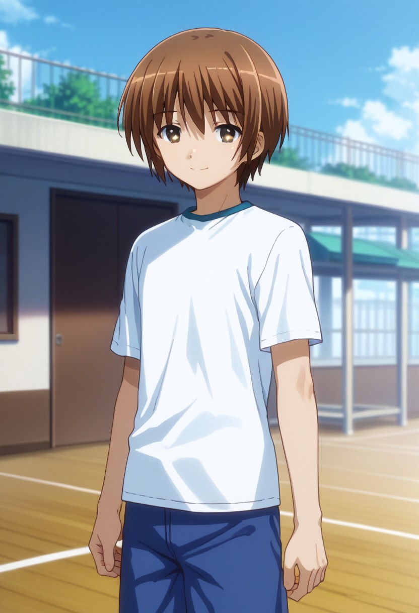 score_9, score_7_up, source_anime 
subaruhasegawa, 1boy, male focus, solo, brown eyes, brown hair, gym uniform, shirt, white shirt, t-shirt, short sleeves, shorts, blue shorts, smile, 
outdoor, sky,