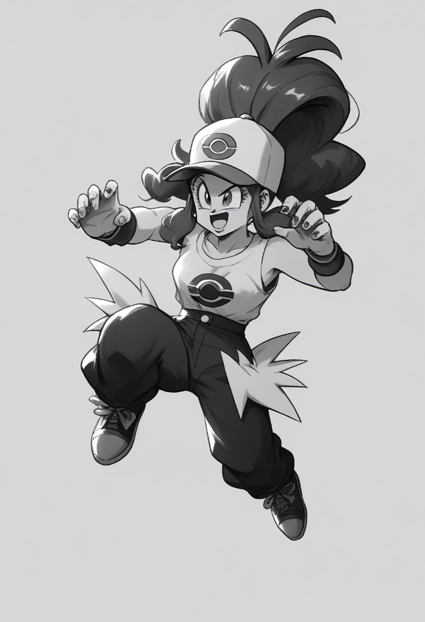 <lora:Dragon Ball_XL:0.8>, score_8_up, score_9_up, 1girl, solo, pokemonhilda, super saiyan, spiked hair, full body, open mouth, female focus, monochrome, grayscale, (perfect hands), <lyco:GoodHands-beta2:1>