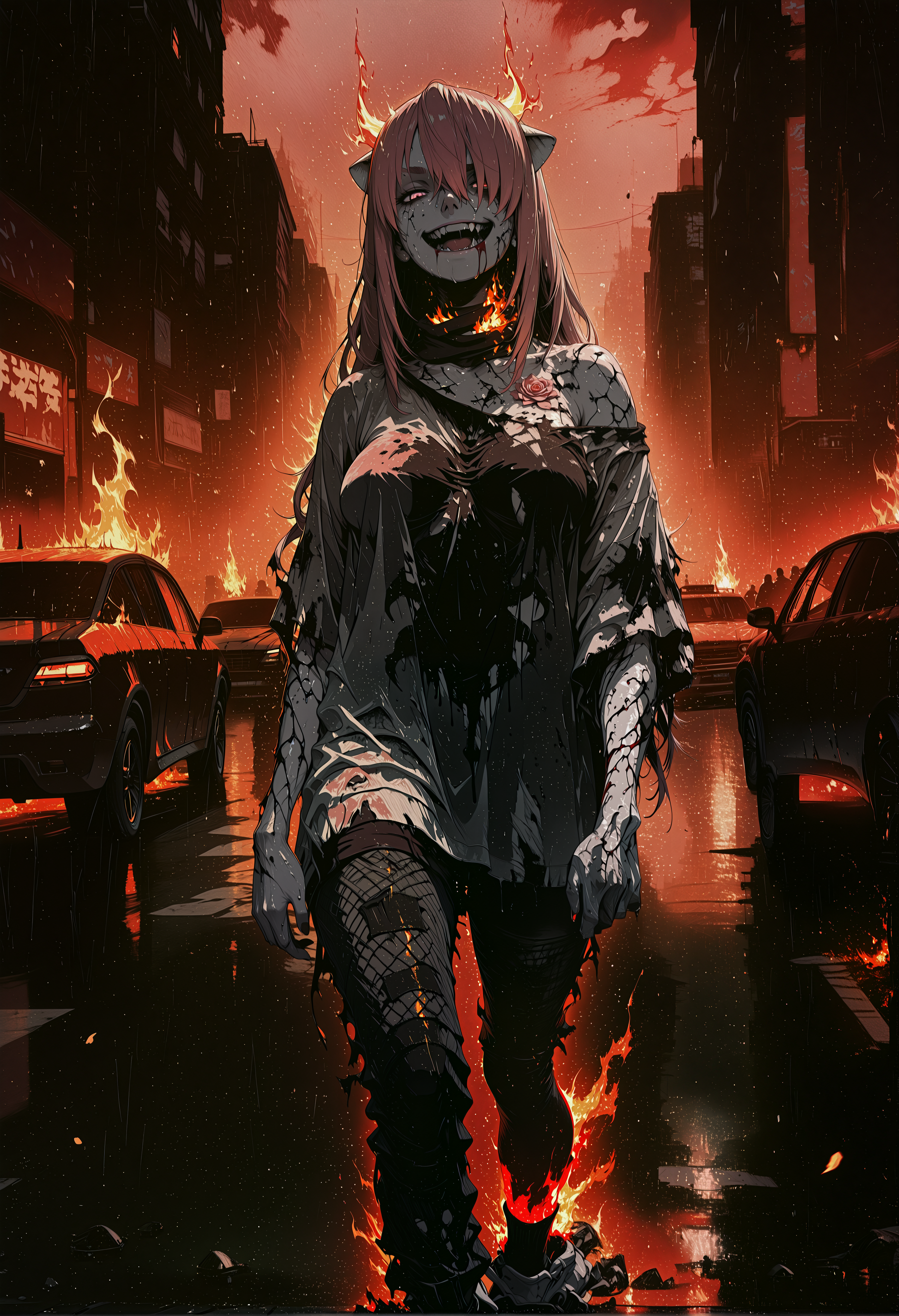 rating_explicit, nsfw, masterpiece, best quality, amazing quality, breathtaking attention to detail, 8K, absurdres, highres, ultra detail, high contrast, letitbrn, shindol, S4bit4mago_illu, re4lity_sync_illu, aidmaMJ6.1, Sinozick_illu,gradient,spot color, BREAK, 1girl, kaede, long hair, pink hair, horns, pink eyes, hair over one eye, mature female, breasts, shadows, twilight, rain, blood, light red background, drill_hair, Split dyed hair, looking at viewer, thick eyebrows, floral tattoo, pantyhose, socks pale skin, marble skin, disintegration skin, amputee, (solo:1.6), ornate print, spandex printed jumper shirt, mesh Feathered Wrap pants, baggy clothes, oversized clothes, off shoulder, laughing, outdoors, street, city, towers, letitbrn, cars, (people burning), flame sparkles, flame particles, dynamic pose, glowing runes, burning, 