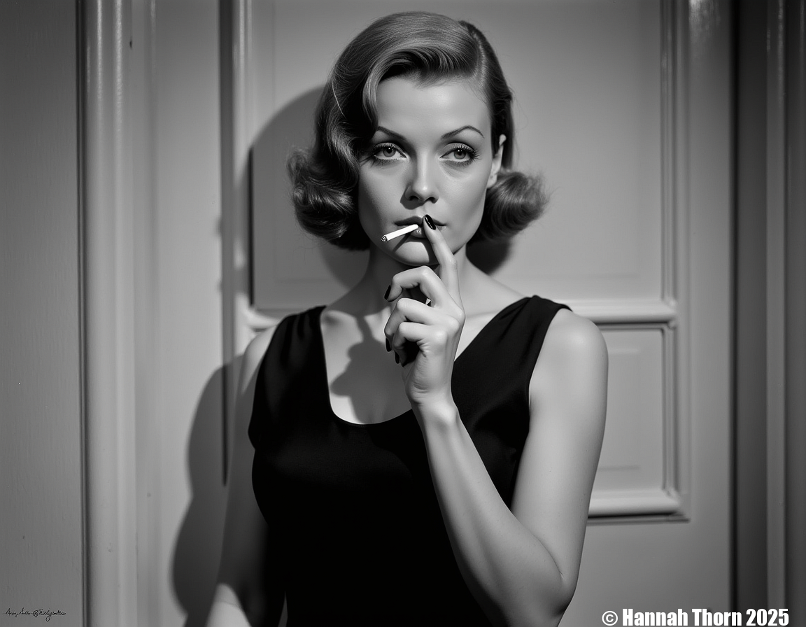 This is a black and white photograph of a woman with a classic, elegant, and somewhat melancholic aura. She stands confidently with a slightly tilted head and a thoughtful expression, puffing on a cigarette, which is held delicately between her fingers. Her hair is styled in soft, loose waves typical of the mid-20th century Hollywood glamour<lora:_Flux\_Film-Retro\Pre-Code_Hollywood-concept_2.safetensors:1.0:1.0>