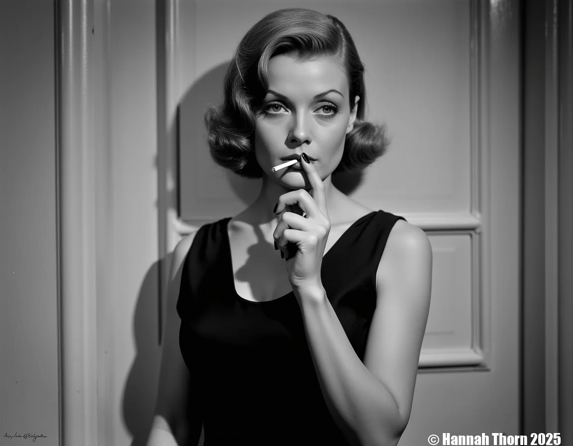 This is a black and white photograph of a woman with a classic, elegant, and somewhat melancholic aura. She stands confidently with a slightly tilted head and a thoughtful expression, puffing on a cigarette, which is held delicately between her fingers. Her hair is styled in soft, loose waves typical of the mid-20th century Hollywood glamour<lora:_Flux\_Film-Retro\Pre-Code_Hollywood-concept_2.safetensors:1.0:1.0>