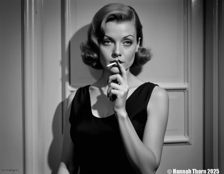 This is a black and white photograph of a woman with a classic, elegant, and somewhat melancholic aura. She stands confidently with a slightly tilted head and a thoughtful expression, puffing on a cigarette, which is held delicately between her fingers. Her hair is styled in soft, loose waves typical of the mid-20th century Hollywood glamour<lora:_Flux\_Film-Retro\Pre-Code_Hollywood-concept_2.safetensors:1.0:1.0>