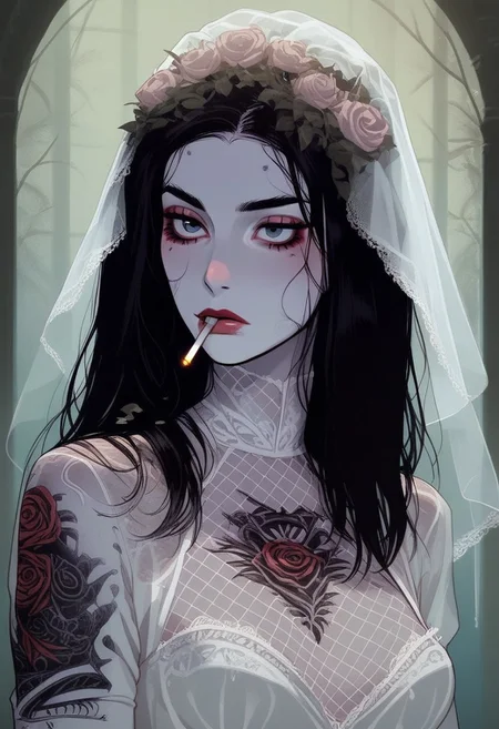 a young girl with long dark hair. Her image stands out with the contrast of classic and modern elements. She is dressed in a white exquisite vintage-style lace dress with a high openwork neck, emphasizing elegance and sophistication. On her head is a white fishnet - veil with lace
The girl is holding a cigarette in her lips.
She has pale skin with drops of water adding texture and realism.
There are noticeable tattoos on her neck and chest