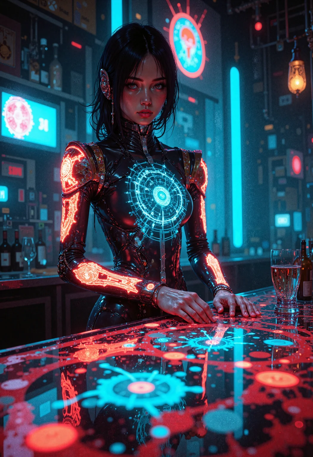 masterpiece, high-quality, A sultry waitress with a half-human, half-android appearance stands at the center of a glowing, futuristic bar, her metallic limbs glinting under the shifting neon lights. Her sleek, fitted uniform hugs her figure, with translucent panels revealing faintly glowing circuits beneath her synthetic skin. She leans forward slightly, her luminous eyes fixed on the viewer with a teasing smile, as one hand rests confidently on her hip. The camera captures her from a medium-low angle, framing the intricate details of the holographic menu projected from her wrist and the bustling, surreal ambiance of the hyperdetailed bar filled with floating glassware and swirling light trails, <lora:FLUX\FantasticalRealismV2:1.0>