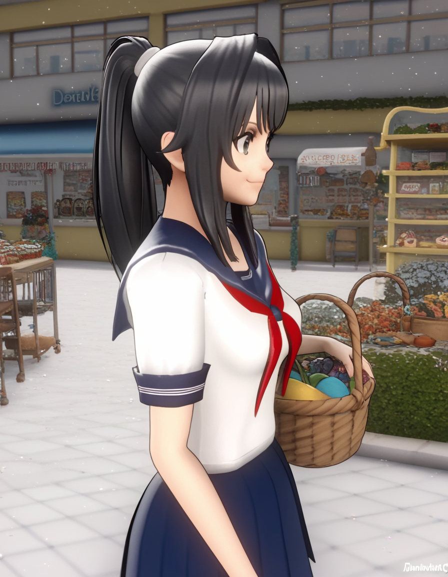 score_9, score_8_up, score_7_up, source_anime, <lora:ayano-aishi-ingame-ponyxl-lora-nochekaiser:1>, ayano aishi, long hair, black hair, black eyes, ponytail, medium breasts, 3d,, skirt, school uniform, serafuku, neckerchief, blue skirt, pleated skirt, sailor collar, short sleeves,, farmers market, fresh produce, local vendors, baskets, sunny day, community, , , smile, from side, solo,, cowboy shot, dutch angle