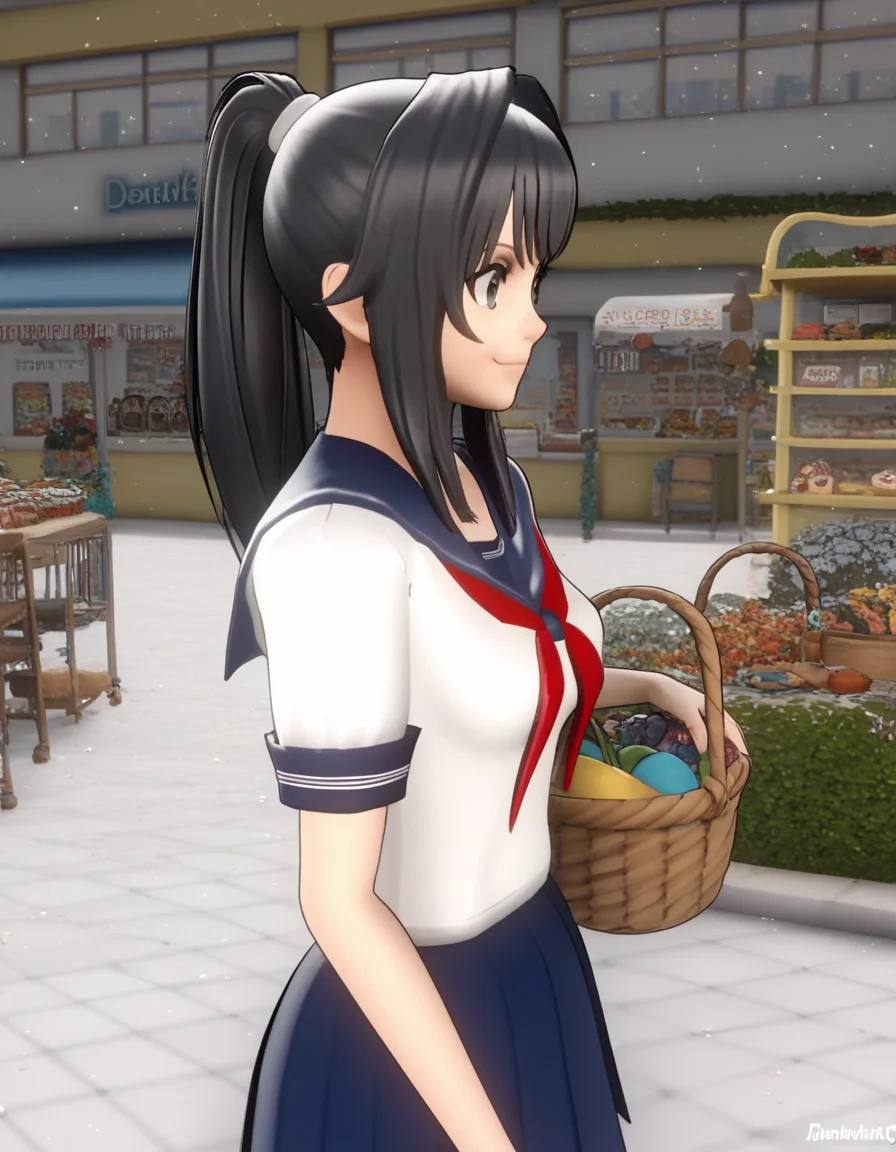 score_9, score_8_up, score_7_up, source_anime, <lora:ayano-aishi-ingame-ponyxl-lora-nochekaiser:1>, ayano aishi, long hair, black hair, black eyes, ponytail, medium breasts, 3d,, skirt, school uniform, serafuku, neckerchief, blue skirt, pleated skirt, sailor collar, short sleeves,, farmers market, fresh produce, local vendors, baskets, sunny day, community, , , smile, from side, solo,, cowboy shot, dutch angle