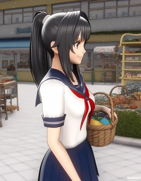 score_9, score_8_up, score_7_up, source_anime, <lora:ayano-aishi-ingame-ponyxl-lora-nochekaiser:1>, ayano aishi, long hair, black hair, black eyes, ponytail, medium breasts, 3d,, skirt, school uniform, serafuku, neckerchief, blue skirt, pleated skirt, sailor collar, short sleeves,, farmers market, fresh produce, local vendors, baskets, sunny day, community, , , smile, from side, solo,, cowboy shot, dutch angle