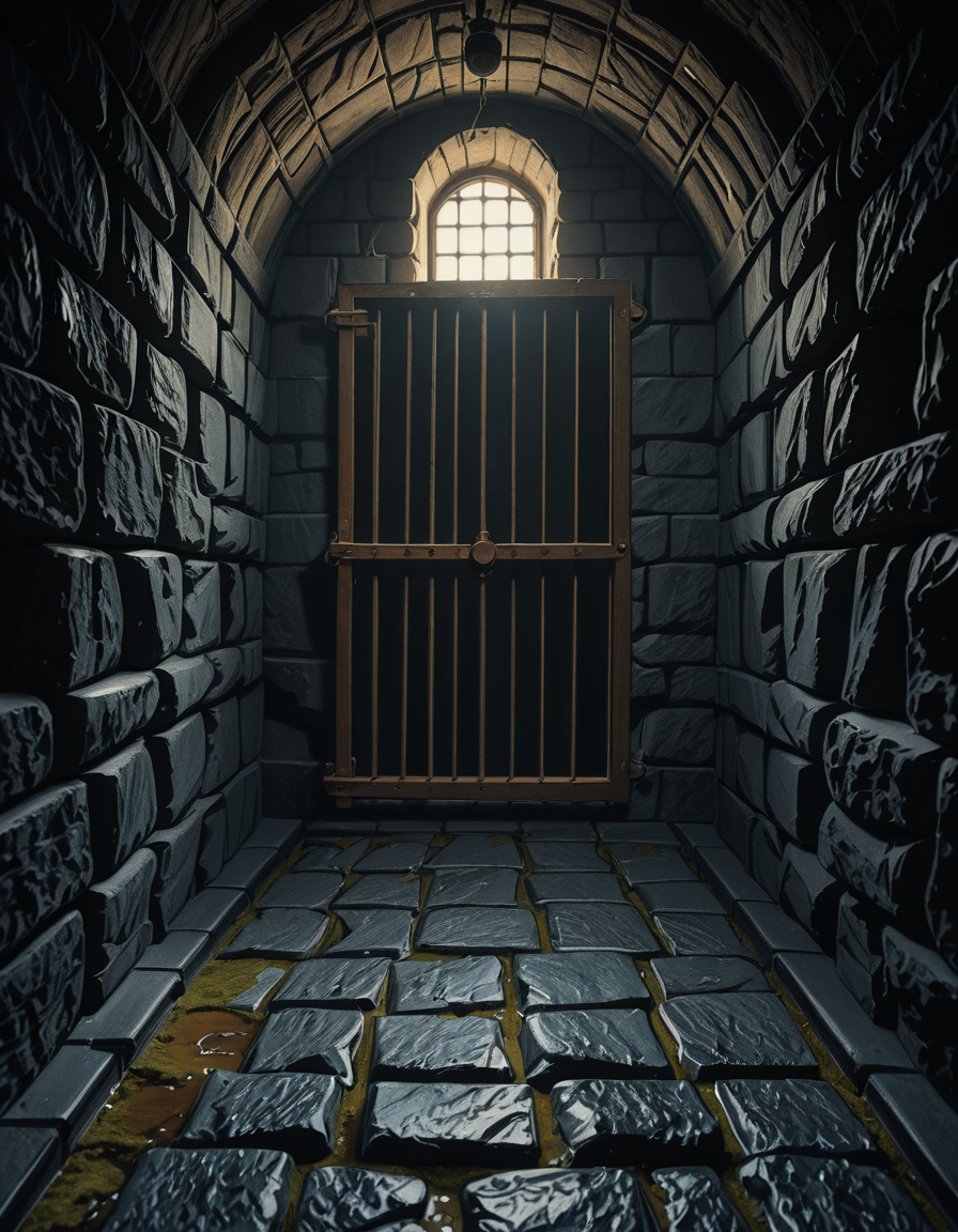A highly detailed, hyper-realistic photograph of a dark medieval dungeon prison cell. The scene is dimly lit by a single flickering torch mounted on a damp stone wall, casting eerie shadows across the rough, moss-covered stones. Heavy, rusted iron bars form the cell door, slightly ajar, with visible corrosion and ancient padlocks. Inside the cell, there is a straw-covered floor, old wooden buckets, and a crude, splintered wooden bench against the back wall. Chains and manacles hang loosely from the walls, showing signs of long-term use. The atmosphere is cold, humid, and oppressive, with faint light rays piercing through tiny cracks in the stone ceiling. Cobwebs stretch across the corners of the cell, and faint water drips from above, creating small puddles. The overall mood is grim, desolate, and foreboding. Photorealistic style, with high dynamic range (HDR) lighting and extreme attention to textures like rust, moisture, and decay.
<lora:SDXLFaeTastic2400:0.4> <lora:extremely_detailed:0.4> extremely detailed,medieval dungeon pr1s0n c3ll <lora:medieval_dungeon_pr1s0n_c3ll-i:1>, Masterpiece,best quality,hi res,8k,hi res,8k,award winning,(sharp focus, intricate, highly detailed),