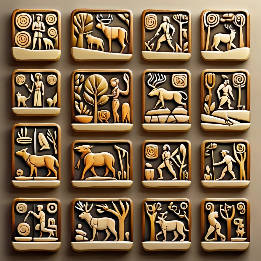 <lora:artfullyTILED_SDXL_V2:0.9>,collection of icons,arranged in a grid,relief,structured details,layered,fibonnacci,shapeshifting animal trainer and tamer,animist,druid,woodsman,