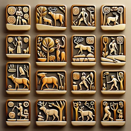 <lora:artfullyTILED_SDXL_V2:0.9>,collection of icons,arranged in a grid,relief,structured details,layered,fibonnacci,shapeshifting animal trainer and tamer,animist,druid,woodsman,