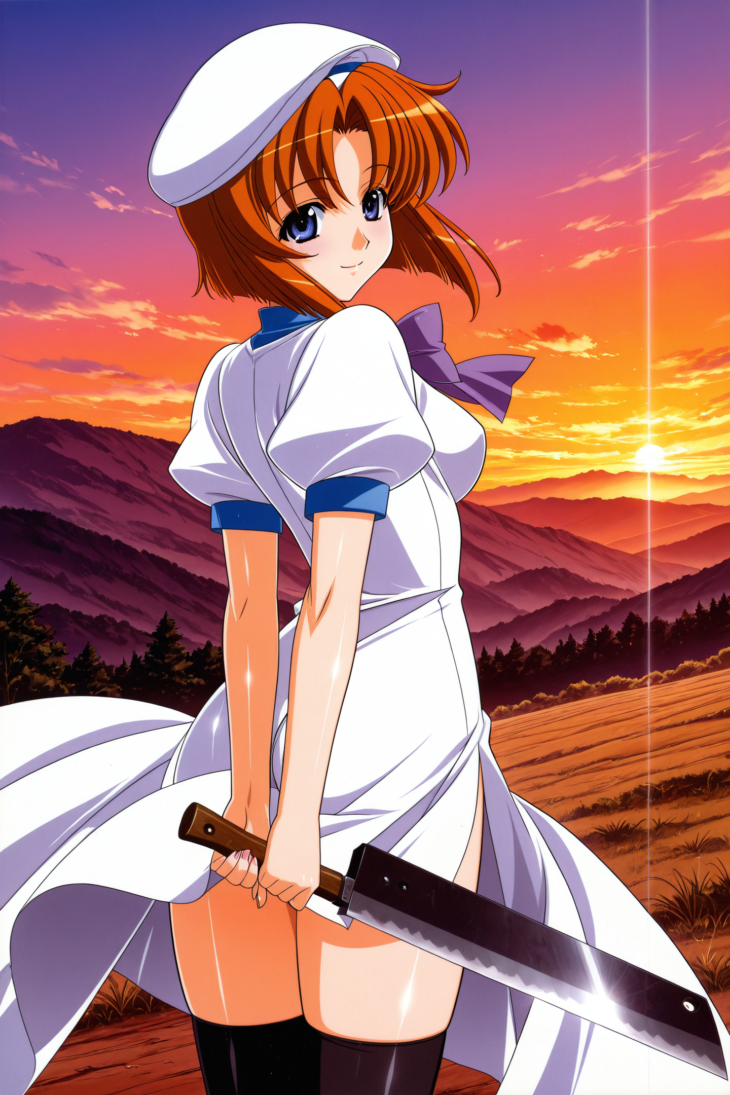 Kuroda Kazuya Style,1girl,ryuuguu rena,solo,nata (tool),thighhighs,hat,dress,sunset,short hair,bow,outdoors,beret,orange hair,looking back,looking at viewer,black thighhighs,blue eyes,brown hair,holding,short sleeves,weapon,white dress,arms behind back,puffy sleeves,zettai ryouiki,smile,
<lora:Kuroda Kazuya_illustriousXL:0.8>,