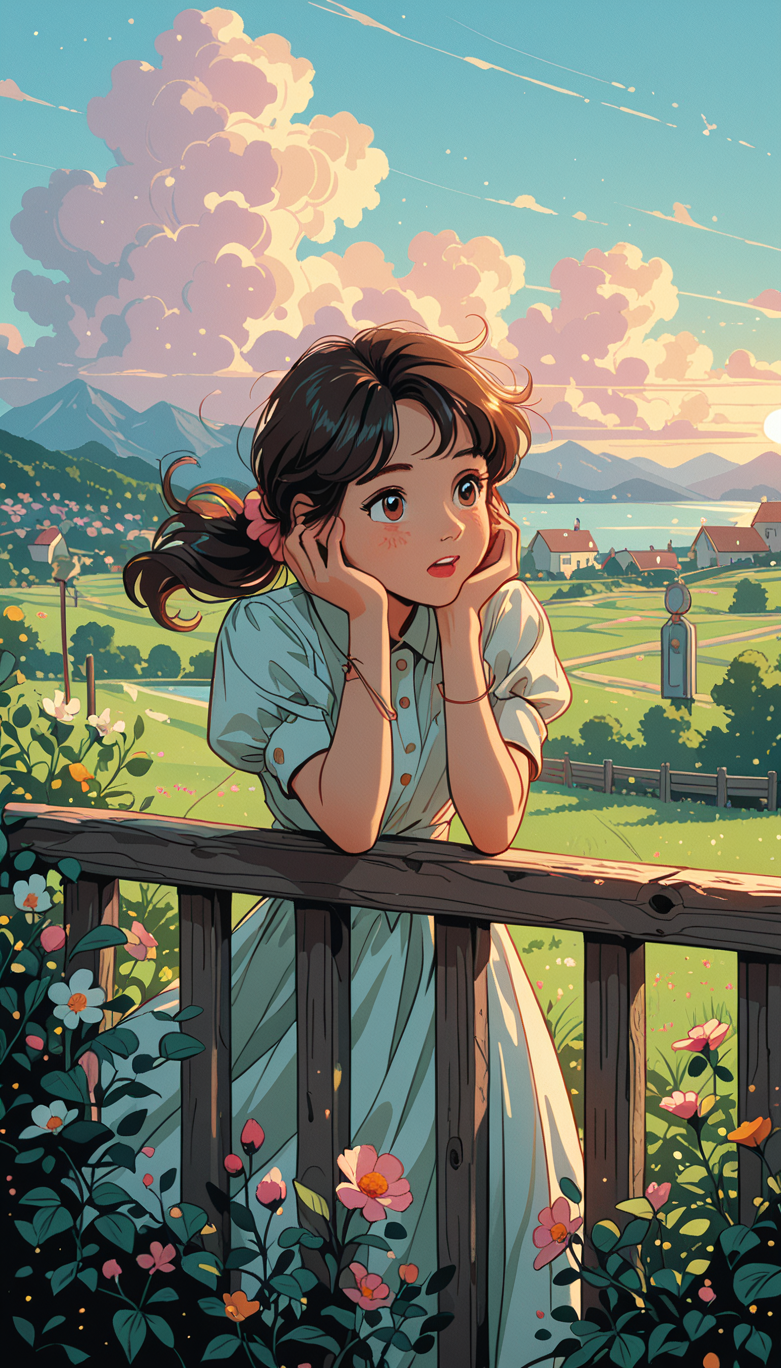 masterpiece, Shinkaistyle,
pinkretroanime, retro art,
Cyberpunk Style, cyberpunk, science fiction, hi tech, future tech, neon, (Cybernetics:1.25), (Neon Cityscape:1), (lineless:1.5), smooth edges, tall body, slender body, fit body, long legs, In the serene setting of a rural landscape, a young girl with long dark hair and a vibrant red blouse stands on a wooden porch, her hand resting on the railing as she gazes off into the distance. The porch, constructed from weathered wood, is adorned with an array of pink flowers that add a touch of charm to the scene. The sky above is a clear blue, dotted with fluffy white clouds, suggesting a bright and sunny day. In the background, a verdant field stretches out, punctuated by a quaint red barn, while a few trees stand tall, their green foliage contrasting against the blue of the sky. The girl's expression is one of contemplation, her gaze fixed on something unseen in the distance, hinting at an air of mystery or anticipation. The overall atmosphere is one of tranquility and simplicity, a snapshot of everyday life captured in vivid detail., 1girl, solo, long hair, blush, smile, short hair, open mouth, bangs, brown hair, shirt, black hair, hair ornament, 1boy, hat, dress, brown eyes, standing, white shirt, ponytail, flower, short sleeves, outdoors, parted lips, multiple boys, sky, teeth, solo focus, day, puffy sleeves, collared shirt, cloud, 2boys, medium hair, water, white dress, :o, black eyes, tree, blue sky, puffy short sleeves, looking to the side, hands up, dutch angle, leaning forward, buttons, floating hair, shadow, ocean, leaf, upper teeth only, looking away, sunlight, scrunchie, cloudy sky, grass, plant, white flower, red flower, wind, building, scenery, hand on own face, hair scrunchie, sunset, head rest, mountain, yellow flower, fence, railing, horizon, hand on own cheek, collared dress, bush, hands on own face, field, summer, house, hands on own cheeks, red scrunchie, mountainous horizon, orange flower, hill, town, balcony, against railing