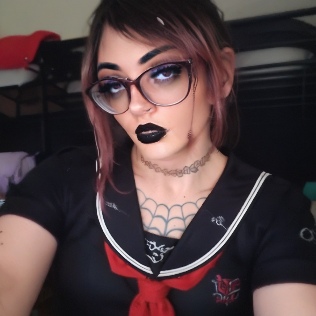 sks 1girl, solo, breasts, glasses, curves, tattoos, school uniform, black lips, dark eye shadow, long lashes,