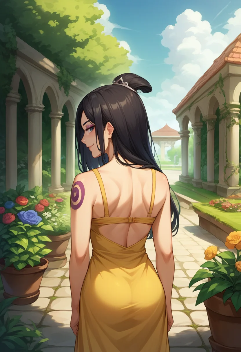 score_9, score_8_up, source_anime, 1girl, solo, JuneAvatar, makeup, shoulder tattoo, black hair, hair over one eye, long hair, topknot, from behind, yellow sundress, garden, day, sunshine, smile, looking back, <lora:ChamJunePonyXL:1>
