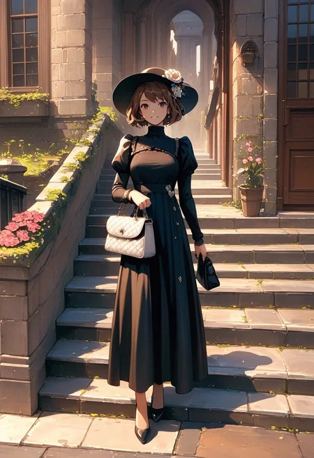 score_9, score_8_up, score_7_up, oil painting style, colorful pencil drawing, 1girl, arch, bag, black dress, brick wall, brown hair, building, dress, full body, gate, hair flower, hair ornament, handbag, hat, hat flower, holding bag, jewelry, long sleeves, looking at viewer, outdoors, pavement, puffy sleeves, railing, short hair, smile, solo, stairs, standing, street