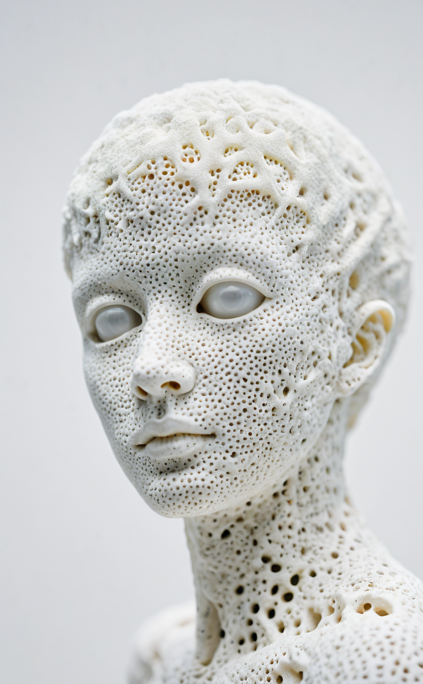 Raw photo, 8k uhd, dslr, soft lighting, high quality, film grain, Fujifilm XT3, RAW distant satellite photo of a sculpture of a sponge organism resembling a ((synthetic hollow cyborg pixie)), skinless face, perforated marble porcelain, (people inside), breathtaking, dynamic pose, ((white background)), (sharp focus, hyper detailed, highly intricate), natural lighting