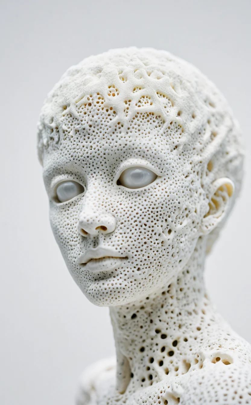 Raw photo, 8k uhd, dslr, soft lighting, high quality, film grain, Fujifilm XT3, RAW distant satellite photo of a sculpture of a sponge organism resembling a ((synthetic hollow cyborg pixie)), skinless face, perforated marble porcelain, (people inside), breathtaking, dynamic pose, ((white background)), (sharp focus, hyper detailed, highly intricate), natural lighting