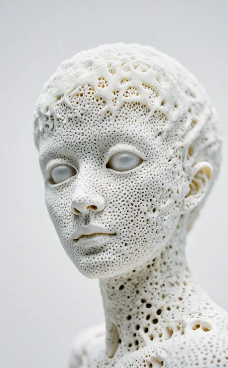 Raw photo, 8k uhd, dslr, soft lighting, high quality, film grain, Fujifilm XT3, RAW distant satellite photo of a sculpture of a sponge organism resembling a ((synthetic hollow cyborg pixie)), skinless face, perforated marble porcelain, (people inside), breathtaking, dynamic pose, ((white background)), (sharp focus, hyper detailed, highly intricate), natural lighting