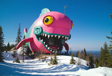 vaporwave style scene of a legendary towering  futuristic snarling Masked Angelfish shaped novelty architecture building operating as a ski resort in a national park.  . retro aesthetic, cyberpunk, vibrant, neon colors, vintage 80s and 90s style, highly detailed