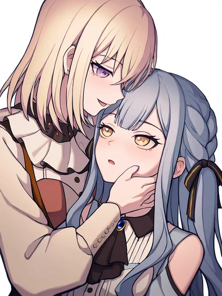 2girls, character: misumi_uika, character: togawa_sakiko, simple_background, transparent_background, upper_body, open_mouth, hair_ribbon, sidelocks, collared_shirt, shoulder_cutout, black_ribbon, black_ascot, blue_brooch, orange_brooch, oblivionis_\(bang_dream!\), doloris_\(bang_dream!\)ï¼white background,
masterpiece,best quality,amazing quality,very aesthetic,absurdres,<lora:misumi_uika_ill_sdxl:1>,