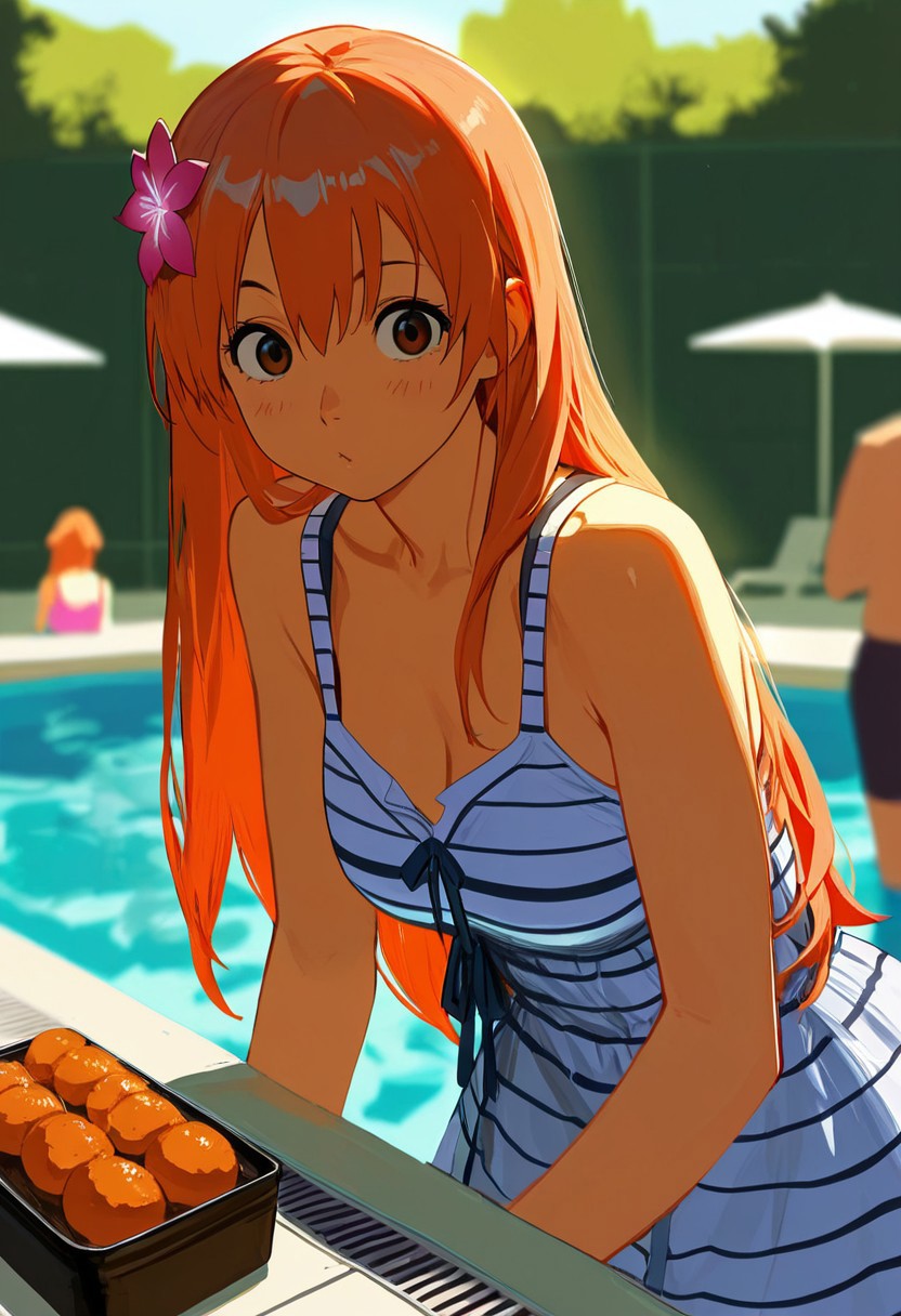 ,masterpiece, very aesthetic,8k,masterpiece, best quality, yukahana, hairflower, stripped dress, 1girl, long hair, food, orange hair, solo focus, dress, brown eyes, sranding  near swimming pool, impressionism 1.5, high detail, depth of field, blurred background, dramatic lighting
