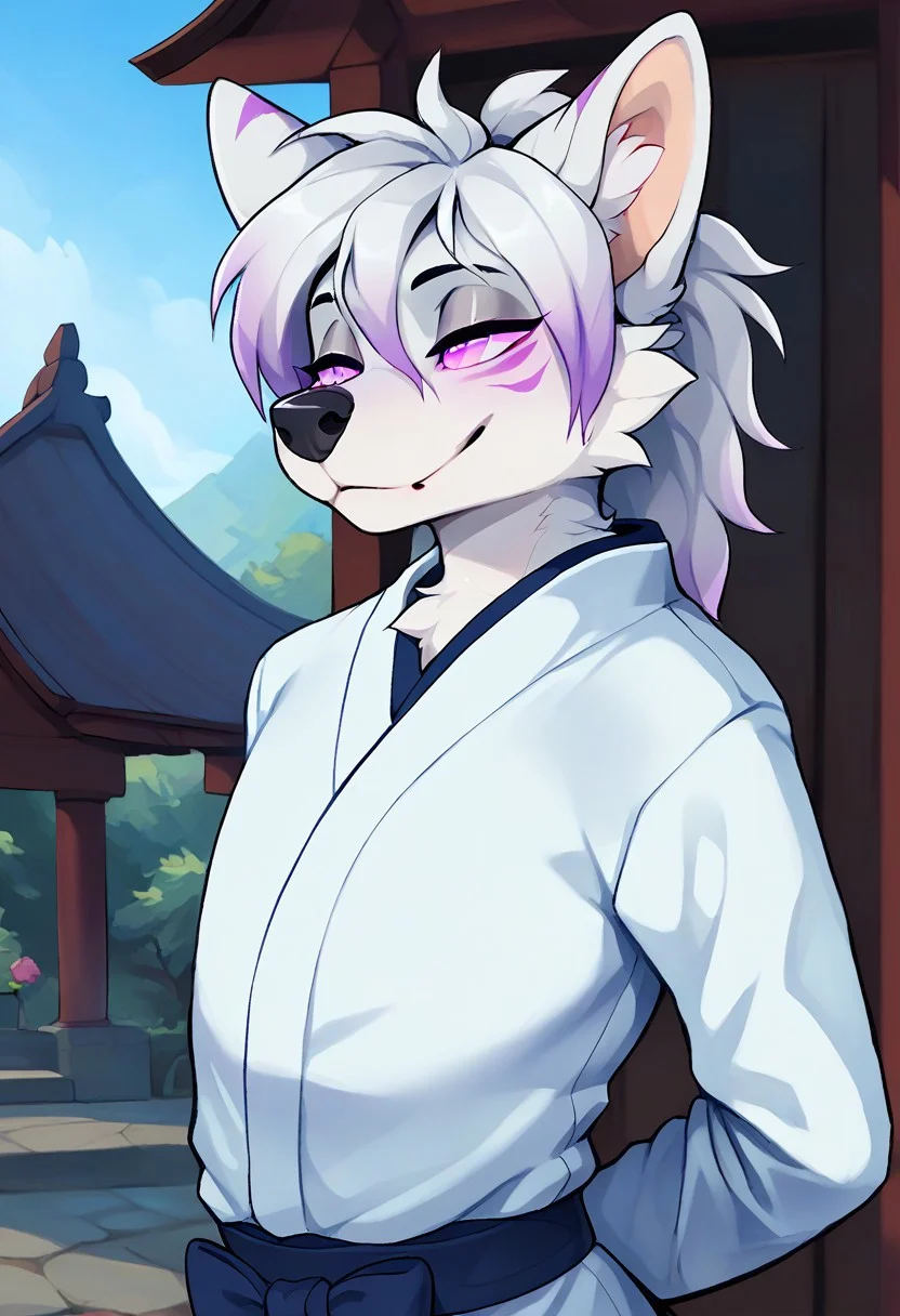source_furry, solo, hybrid, anthro, feminine, male, femboy, maned wolf, long white hair, ((red highlight in hair)), lavender stripes, white fur, lavender ear tuffs, clothed, shinto priest, unique eyes, lavender eyes, rose colored pupil, looking off to the side, face focused, half body, japanese makeup, shinto priest robes, adult, detailed background, looking away, shrine, hands behind back, handsome, soft smile, happy to see the viewer, bedroom eyes,
score_9, score_8_up, score_7_up,