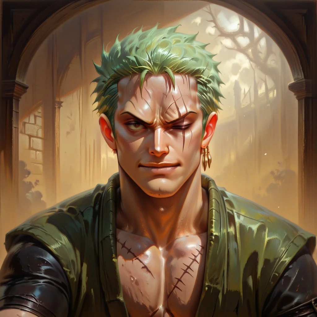 masterpiece, best quality, newest, absurdres, highres, DFOP-V3.0, oil painting, realistic, 1boy, Zoro \(one piece\), green hair, one closed eye, one eye open, scar over eye,