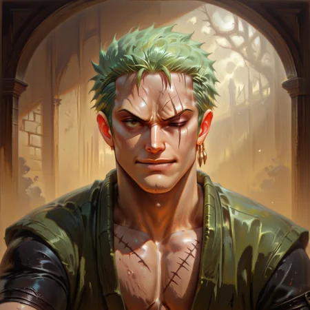 masterpiece, best quality, newest, absurdres, highres, DFOP-V3.0, oil painting, realistic, 1boy, Zoro \(one piece\), green hair, one closed eye, one eye open, scar over eye,