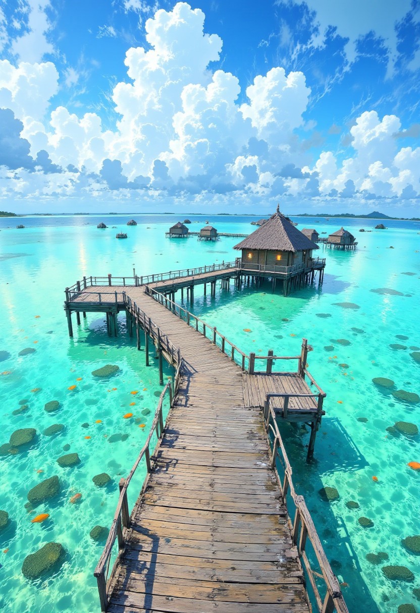 Maldives Overwater Paradise – Turquoise Waters & Wooden Pier
"A peaceful scene in the Maldives, where a wooden pier extends into the endless turquoise lagoon. The shallow water is so clear that colorful fish can be seen swimming just below the surface. In the distance, a few thatched-roof bungalows rest on stilts, blending seamlessly into the horizon where the sky meets the sea."