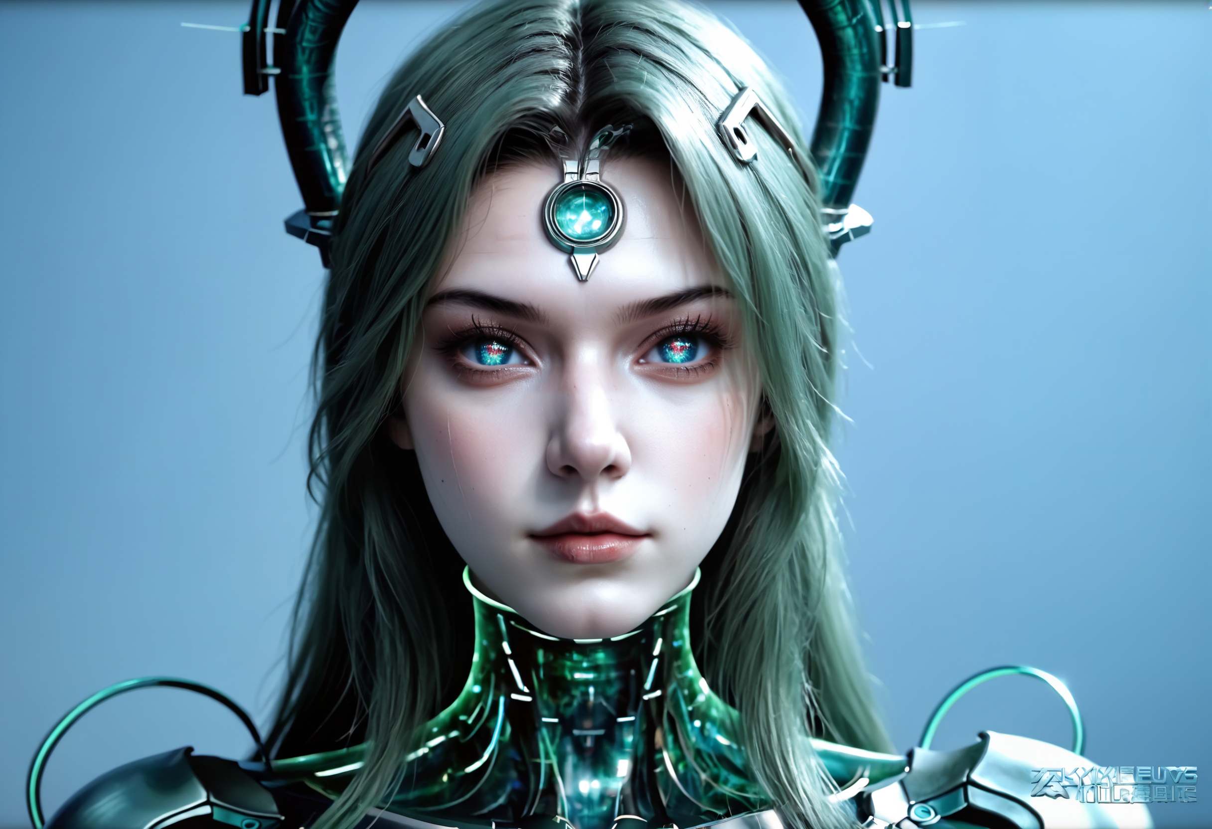 Masterpiece, best quality, amazing quality, very aesthetic, high resolution, ultra-detailed, absurdres, HDR, cinematic lighting, highres, newest, 
PoYu, snake woman, cyborg lamia, futuristic snake-themed character, biomechanical hybrid, snake tail lower body, green hair, 1girl, solo, lips, long hair, smile, makeup, cyborg, lipstick, metallic body parts, teal glowing eyes, forehead jewel, cyberpunk aesthetic, techno-organic design, snake horns, glowing teal highlights, holographic elements