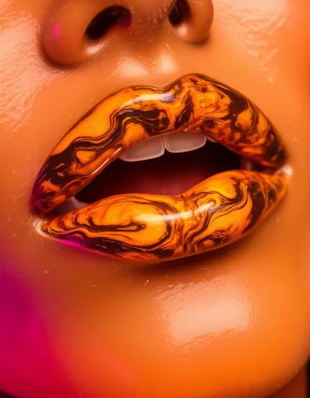 A tightly framed shot of glossy, golden lips with swirling marble patterns in fiery orange, amber, and magenta. The marble texture extends just beyond the lips, merging with the surrounding skin in clean, abstract waves. The lips appear wet and luminous, reflecting soft, ambient light that enhances their texture. The rest of the composition is blurred into a gradient of warm colors, keeping the focus sharp on the luxurious, glossy details.
<lora:ral-lqdmrbls-flux_000004000:1>