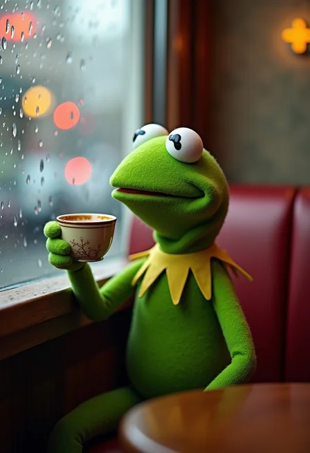 kermit the frog holding a tea cup near his lips, sitting in a cafe booth near the window, with light rain outside,