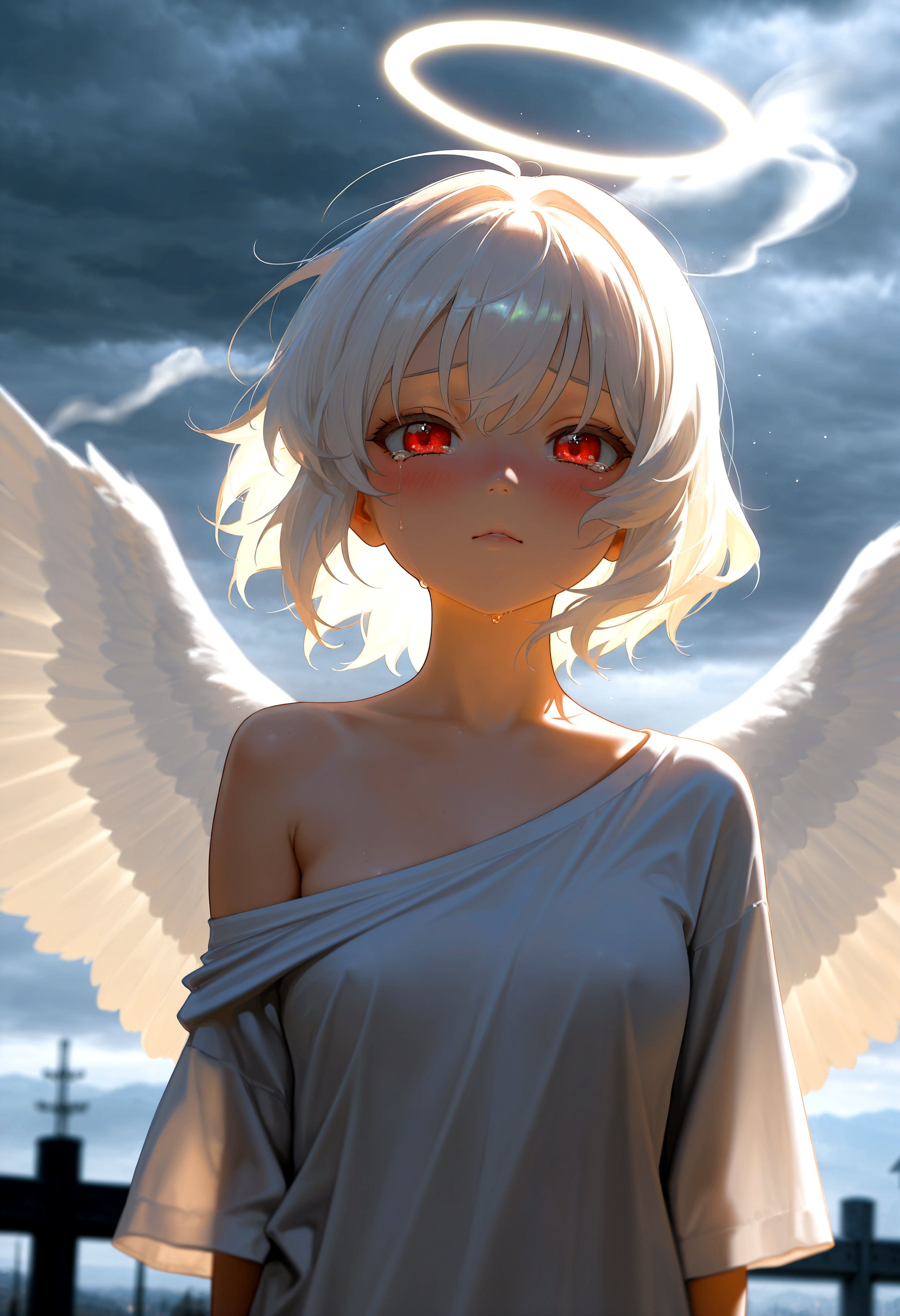 HDR, 8K, high contrast, masterpiece, best quality, amazing quality, very aesthetic, high resolution, ultra-detailed, absurdres, newest, scenery, dynamic angle, close up, 1girl, oversized shirt, angel, wings, white hair, red eyes, blush, crying, tears, melancholy, portrait, halo, bare shoulder, petite, heaven, dark sky, overcast, fog, smoke, BREAK, photorealistic, beautiful detailed eyes, detailed skin, detailed hair, volumetric lighting, dappled light, light particles, dramatic shadows, cinematic lighting, photo background, depth of field,