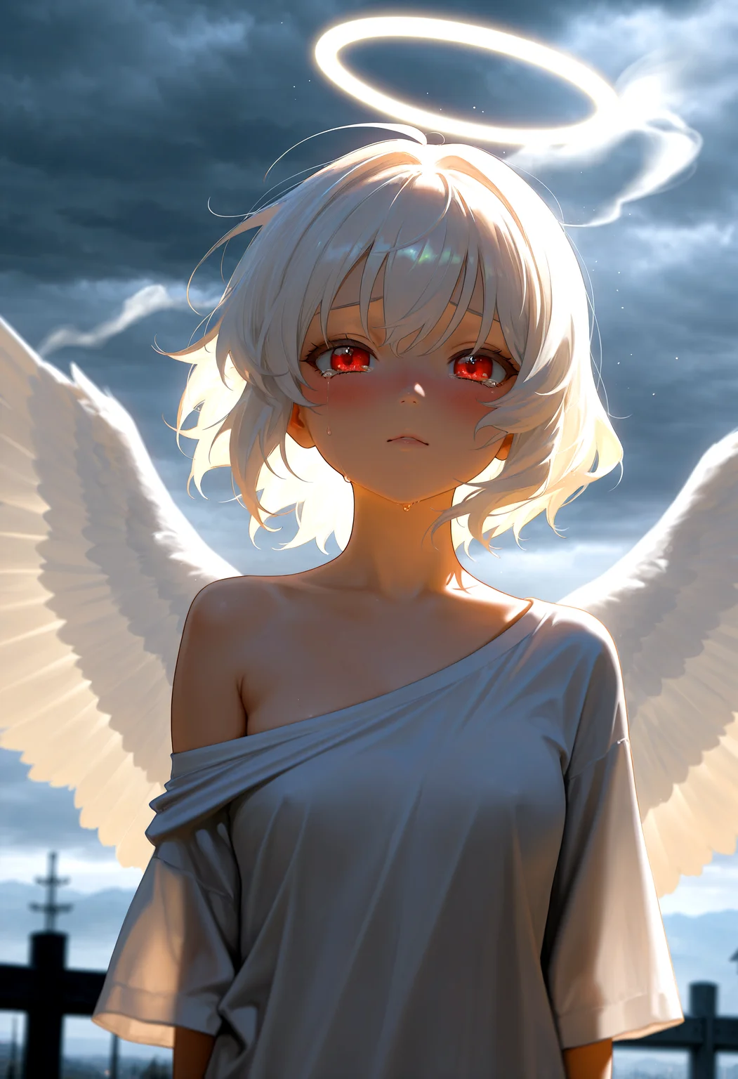 HDR, 8K, high contrast, masterpiece, best quality, amazing quality, very aesthetic, high resolution, ultra-detailed, absurdres, newest, scenery, dynamic angle, close up, 1girl, oversized shirt, angel, wings, white hair, red eyes, blush, crying, tears, melancholy, portrait, halo, bare shoulder, petite, heaven, dark sky, overcast, fog, smoke, BREAK, photorealistic, beautiful detailed eyes, detailed skin, detailed hair, volumetric lighting, dappled light, light particles, dramatic shadows, cinematic lighting, photo background, depth of field,