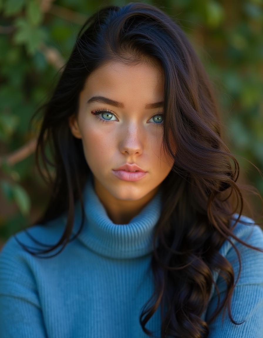This enchanting portrait captures the tranquil essence of a stunning young woman. Her striking feature is undoubtedly her captivating bright blue eyes, like sparkling sapphires on a clear summer evening, with expressive eyelashes and brows that seem to be hinting at a tale beneath. Her raven tresses cascade down her back in loose waves, framing her heart-shaped face and accentuating her olive skin, which radiates a warm, golden glow kissed by the sun's gentle touch. She appears casually comfortable yet poised, dressed as she is in a softly fitted blue turtle neck sweater and pair of well- distressed faded jeans that appear to have been woven into the fabric of her carefree soul. The photographer takes great care to ensure our view is an up-close introspection, placing us right where she'd be looking directly - at her eyes, the portals to her radiant spirit. <lora:megan_rain_f1:1> <lora:neeeg_f1:-1>