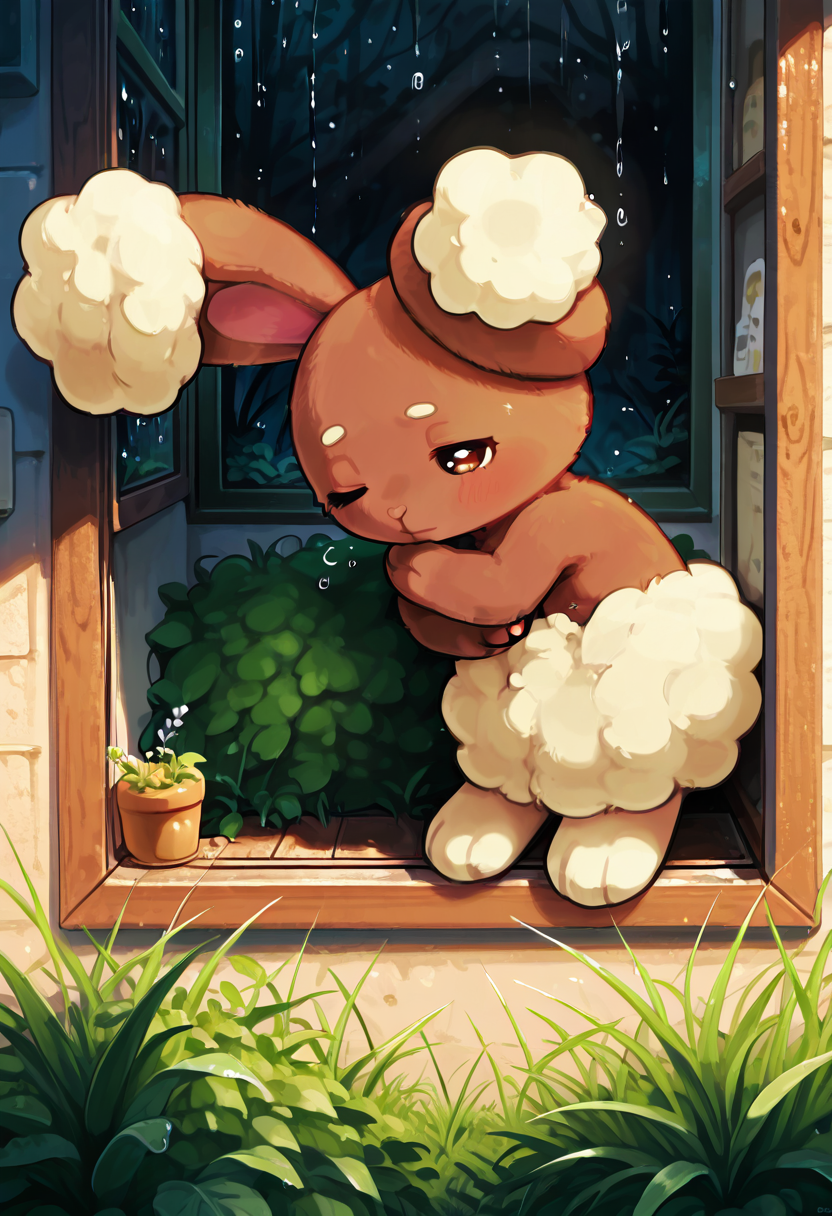 masterpiece, best quality, no humans,    zzBuneary, fluffy fur, sleepy eyes, small den, raindrops, window view, curled up pose, cozy atmosphere, gentle rain, soft lighting â Rain taps gently against the small denâs window as Buneary curls into a warm ball of fur. Her ears droop softly over her face, her breathing slow and steady as she naps in a cozy burrow. Outside, raindrops streak across glass and mist rolls over the grass, but inside itâs peaceful â a quiet, comforting world of soft sounds and warm fur.   <lora:BunearyPokedex_IXL:1.0>,