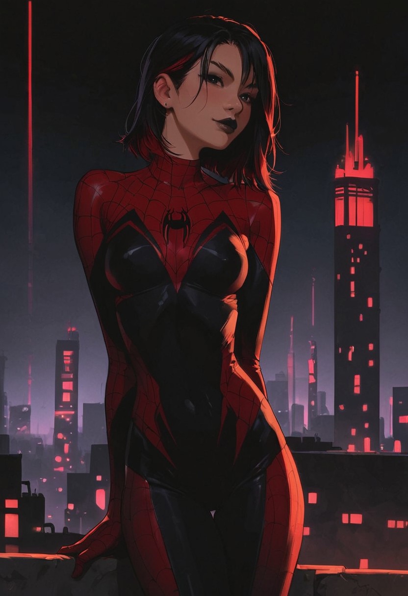 score_9, score_8_up, score_7_up, score_6_up, Expressiveh, g0thicPXL, 1girl, 23 years old, perfect face, cute, BREAK
City rooftop, at night, city skyline, (lighting:1.3), BREAK
, small breast, shiny skin, black eyes, black hair with red highlights, bangs, medium hair, black lipstick, dark makeup, small breasts, motion lines, confident expression, BREAK
Spider-Man costume, spider man costume, Spider-Man uniform, red bodysuit with black highlights on the arms and legs, black sections on the arms and legs, black spider logo on center chest, black webbing design on bodysuit, Spider Man design