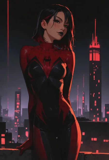 score_9, score_8_up, score_7_up, score_6_up, Expressiveh, g0thicPXL, 1girl, 23 years old, perfect face, cute, BREAK
City rooftop, at night, city skyline, (lighting:1.3), BREAK
, small breast, shiny skin, black eyes, black hair with red highlights, bangs, medium hair, black lipstick, dark makeup, small breasts, motion lines, confident expression, BREAK
Spider-Man costume, spider man costume, Spider-Man uniform, red bodysuit with black highlights on the arms and legs, black sections on the arms and legs, black spider logo on center chest, black webbing design on bodysuit, Spider Man design