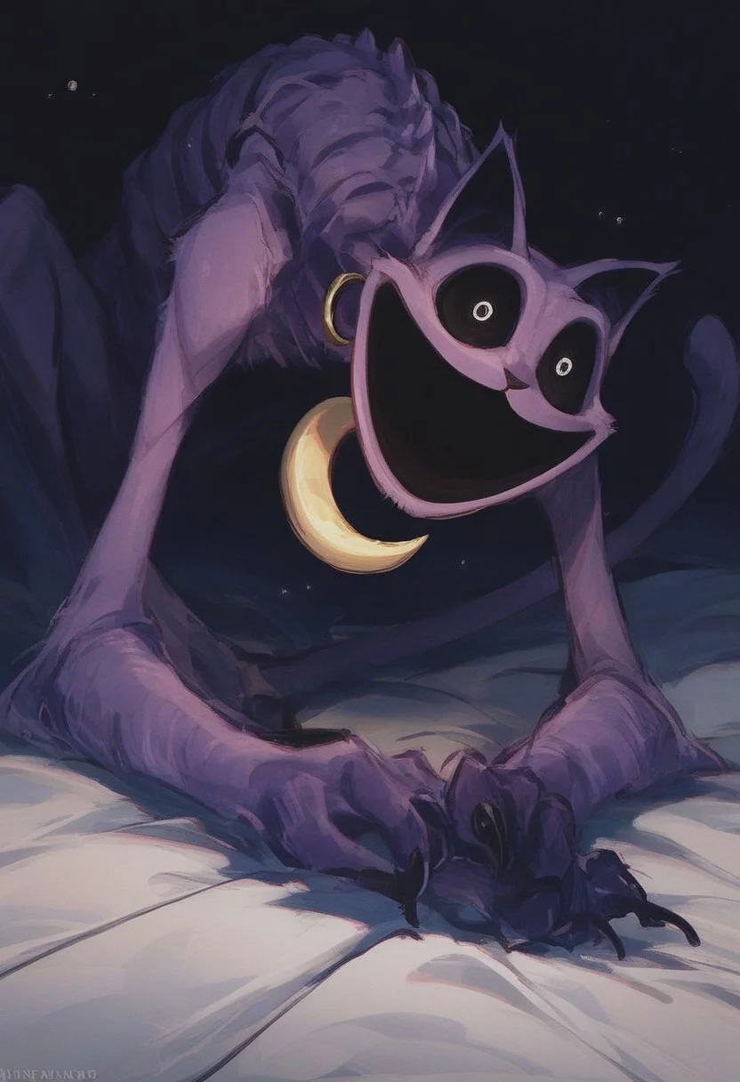 (score_9, score_8_up, score_7_up, score_6_up),
monster, horror, purple fur, body stitched together, seams, long limbs, claws, golden crescent moon medallion, skinny, bony body, lying down, dark room, plant, CatNap, small glowing white eyes, large empty sockets, extends hand trying to grab the viewer