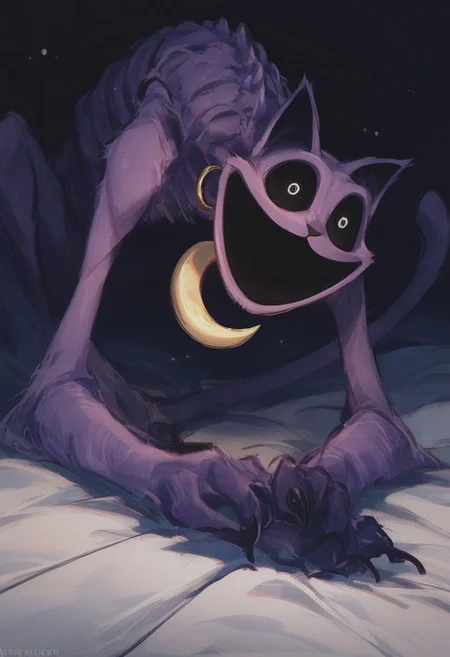 (score_9, score_8_up, score_7_up, score_6_up),
monster, horror, purple fur, body stitched together, seams, long limbs, claws, golden crescent moon medallion, skinny, bony body, lying down, dark room, plant, CatNap, small glowing white eyes, large empty sockets, extends hand trying to grab the viewer